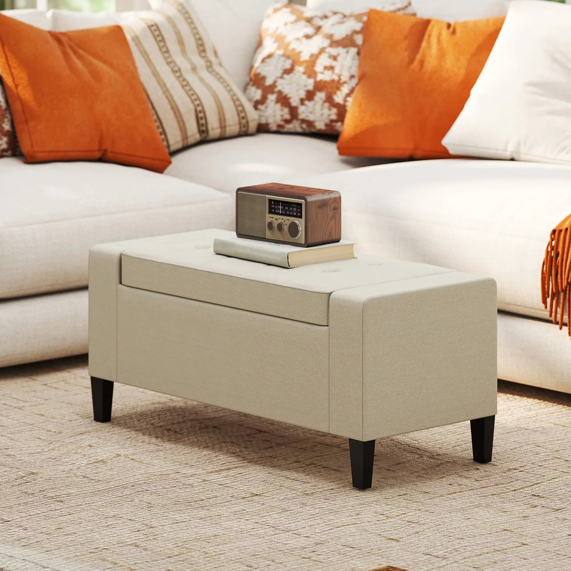 36In Storage Ottoman Bench, Wood Frame, Beige Storage Ottomans & Benches at Gallery Canada