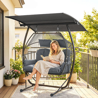 Hanging Double Egg Chair with Canopy, Cushion, Stand, Dark Grey Patio Swings with Stand at Gallery Canada