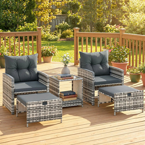 5 Piece Patio Furniture Set, Wicker Chairs, 2-Tier Glass Table, Grey/Dark Grey