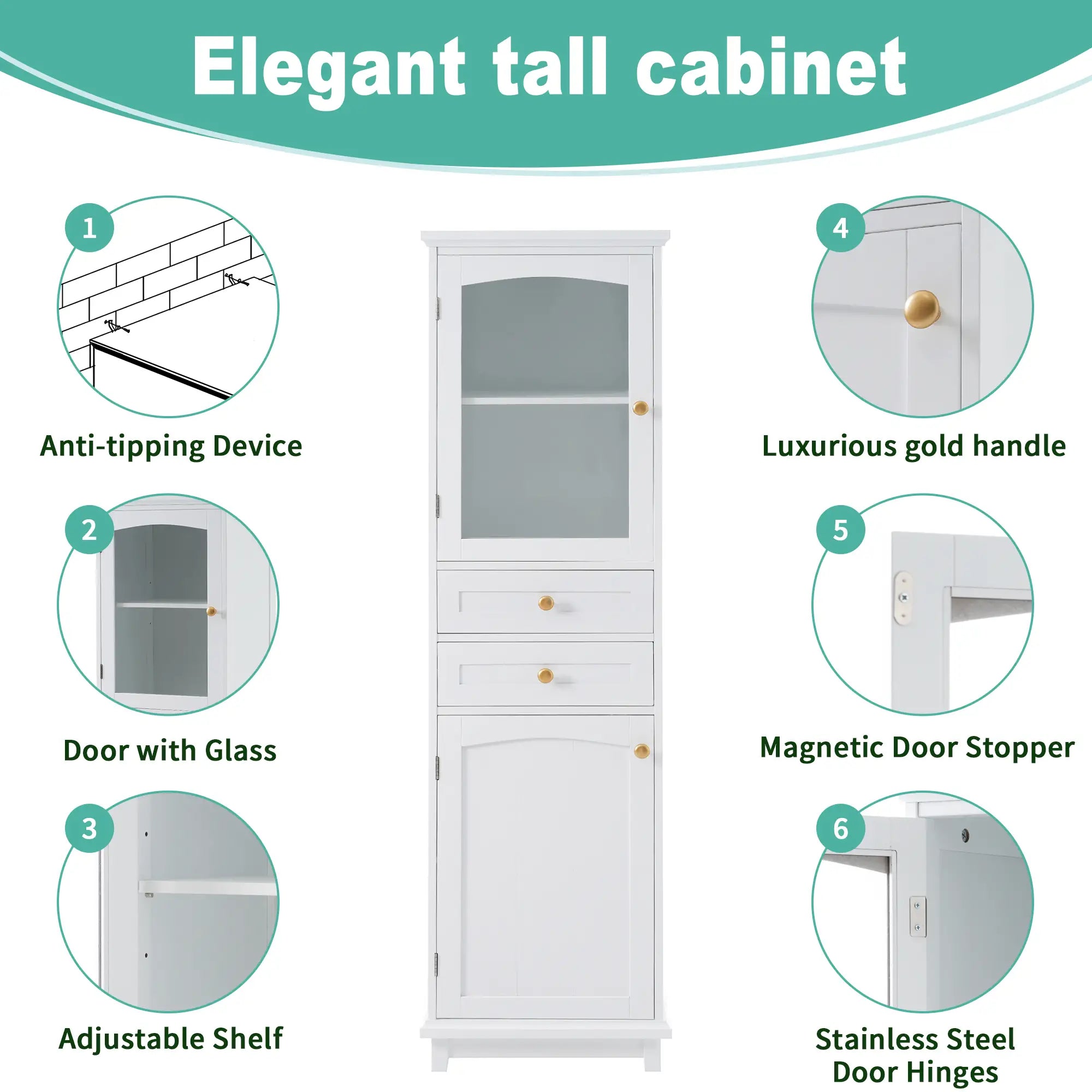 Bathroom Storage Cabinet, Glass Doors, Adjustable Shelves, 18