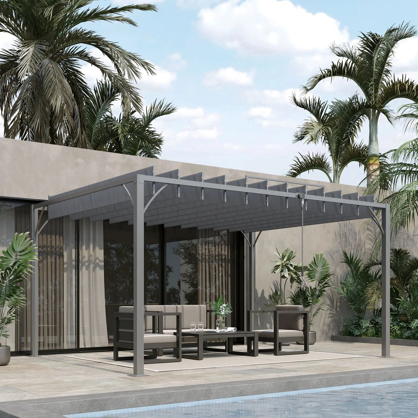 12.8' x 9.7' Outdoor Pergola, Retractable Roof, Aluminium Louvered Canopy, Grey Pergolas at Gallery Canada