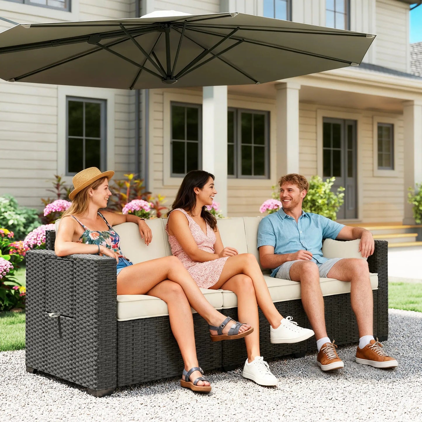 3 Seater Wicker Patio Sofa, 6" Thick Cushions, Cream White Patio Furniture Sets at Gallery Canada