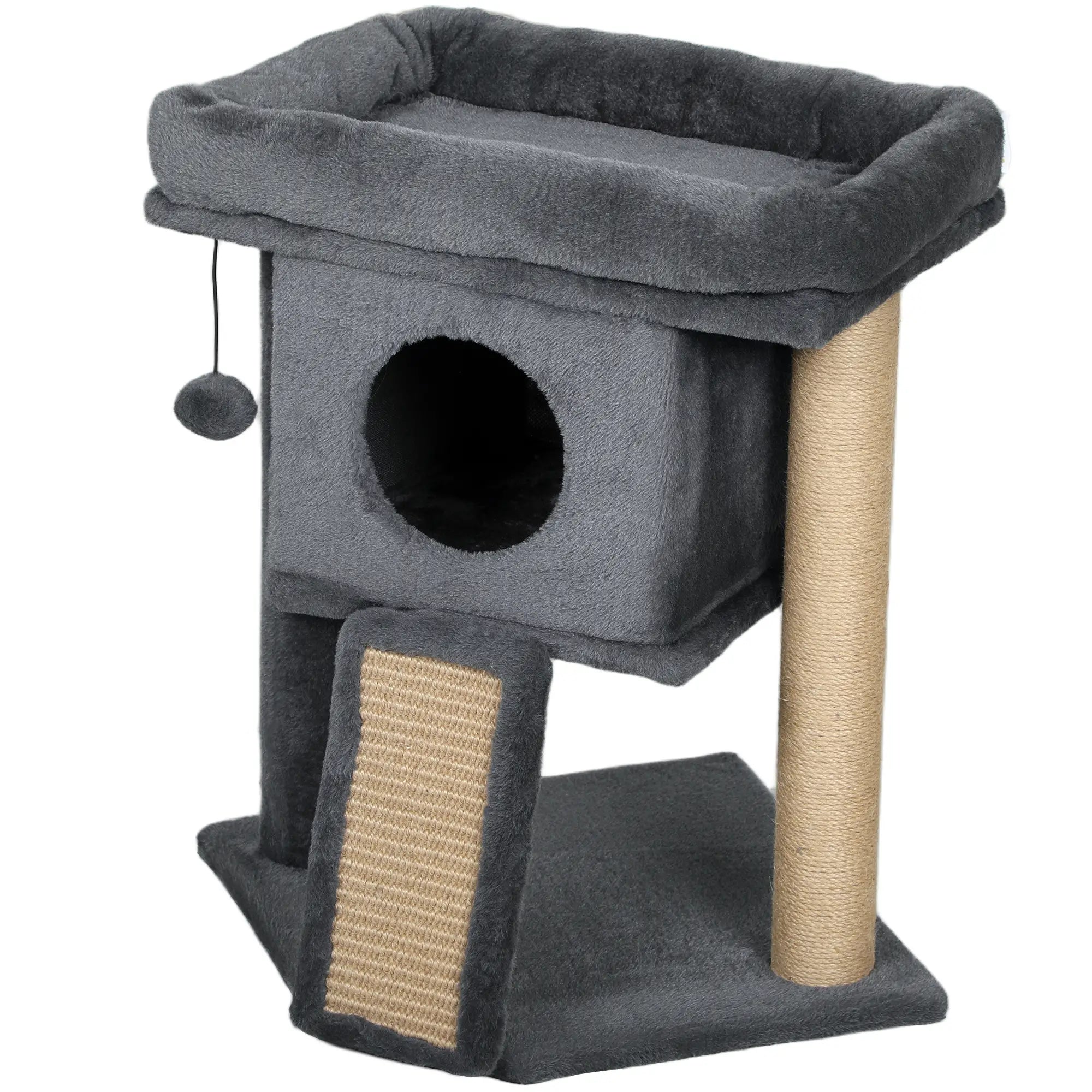 Small Cat Tree Tower with Perch, Scratching Post, Condo, Toy Ball, Dark Grey Cat Trees Dark Grey at Gallery Canada