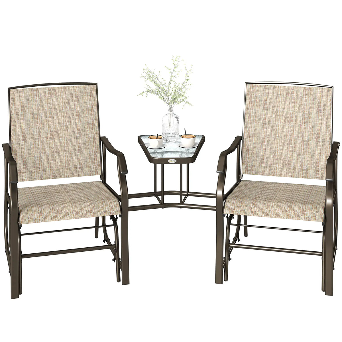 Double Patio Glider Chair, Glass Top Table, All Weather Mesh, Light Brown Outdoor Gliders Brown, Light Brown at Gallery Canada