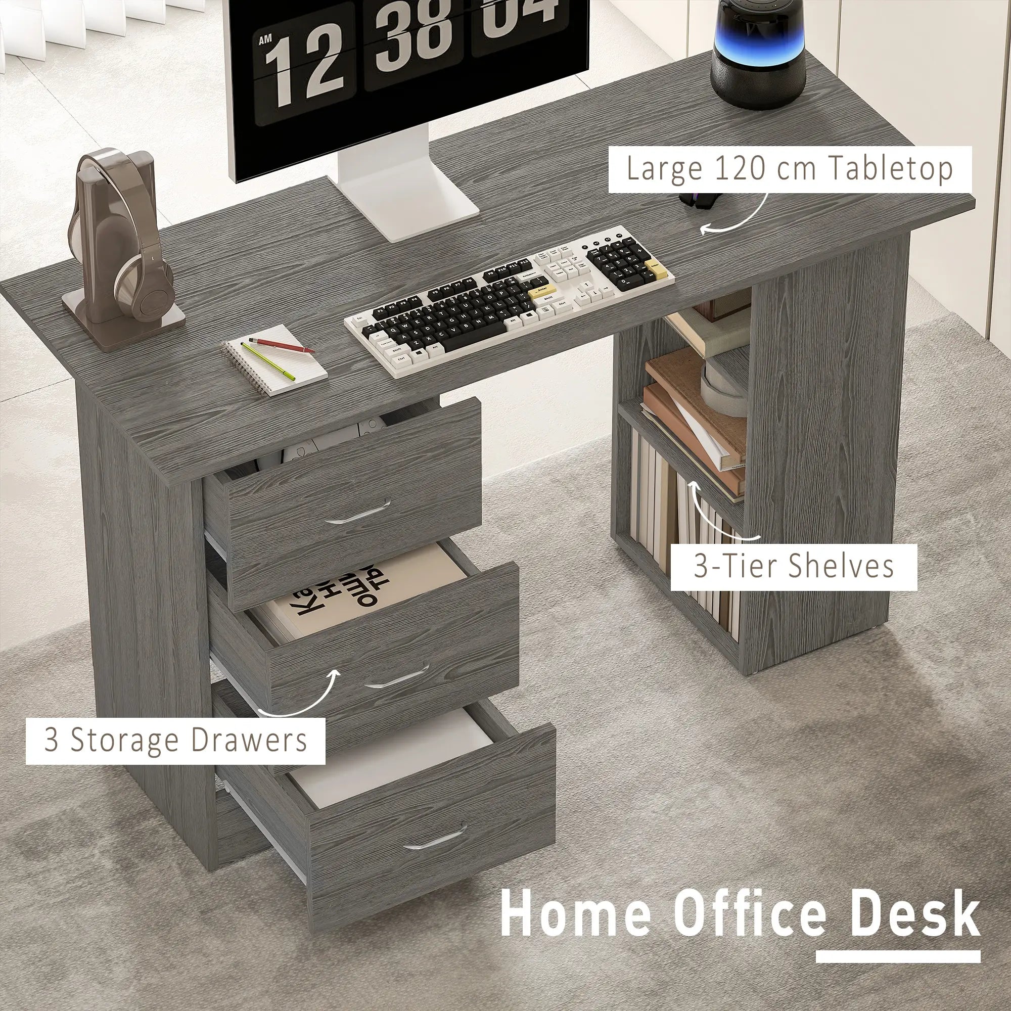 47 Inches Office Desk, 3-Tier Storage Shelves, Drawers, Grey Computer Desks at Gallery Canada