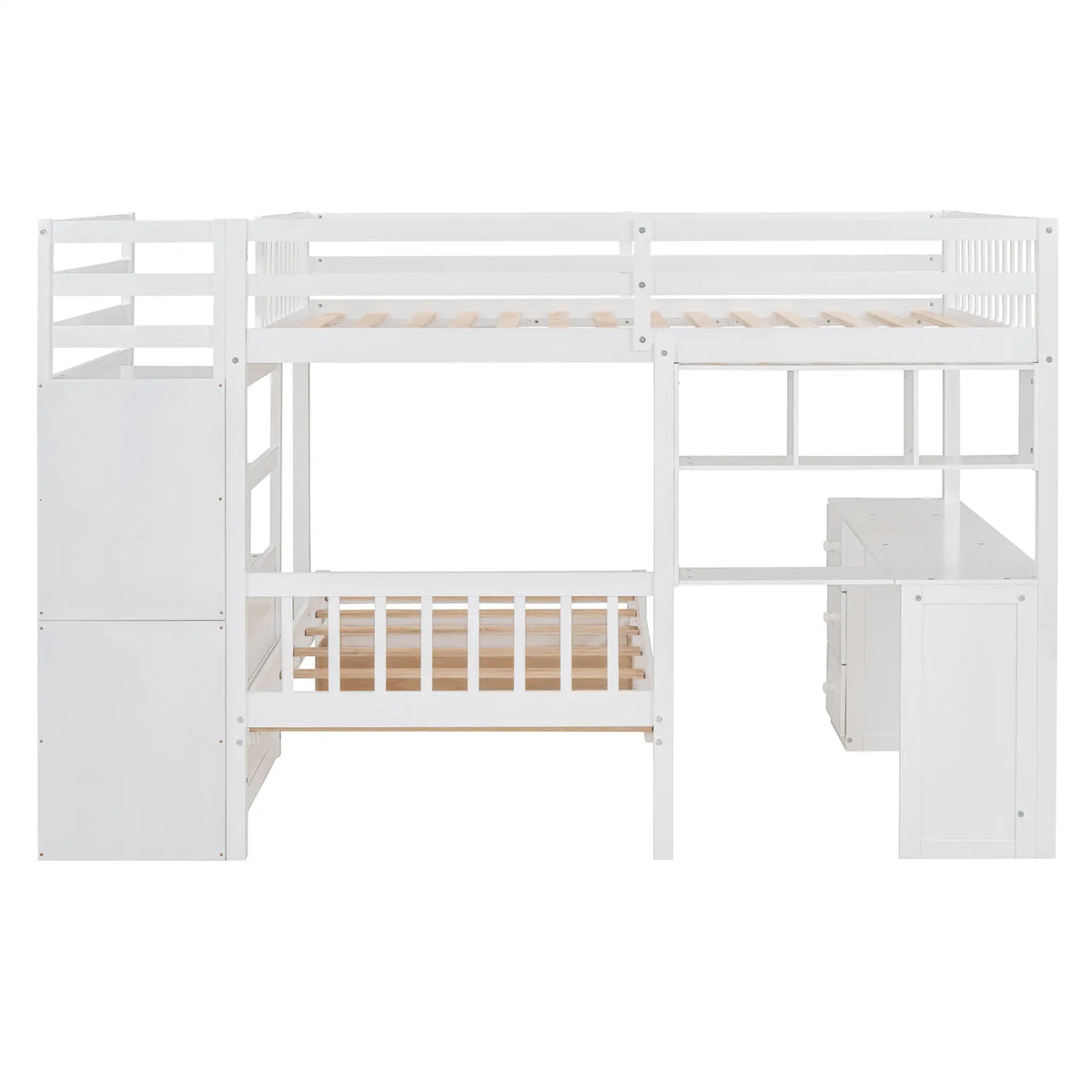 Over Twin Bunk Bed with Desk, Drawers, Shelves, 98" L x 80" W x 64.5" H, White Bed Frames at Gallery Canada
