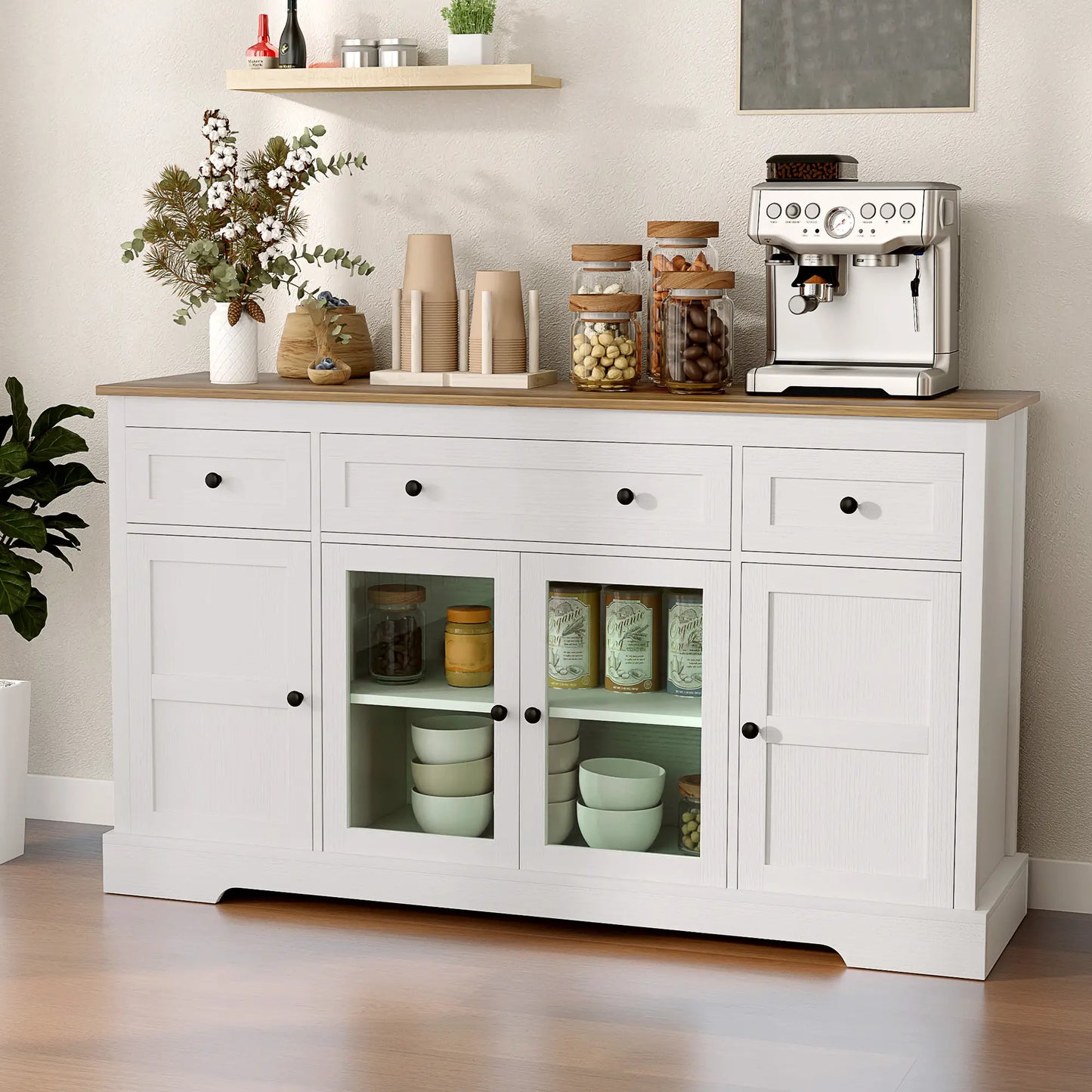 Sideboard Buffet Cabinet, Coffee Bar with Glass Doors, Adjustable Shelves, Distressed White, White Bar Cabinets at Gallery Canada