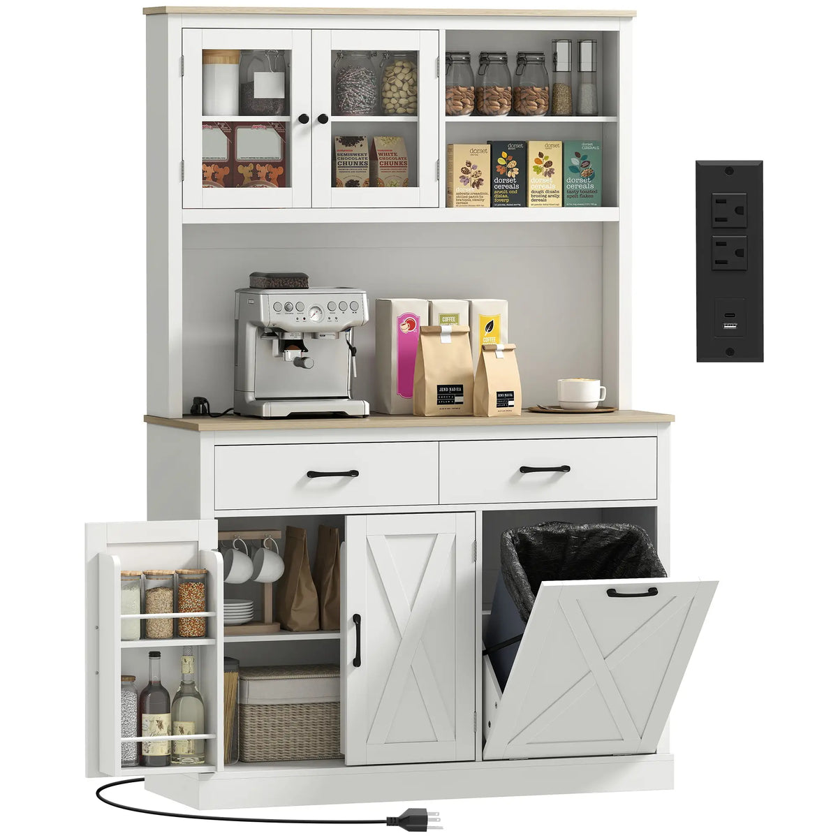 69" Pantry Cabinet With Charging Station, Microwave Stand, Tilt-Out Trash Can, White Kitchen Pantry Cabinets at Gallery Canada
