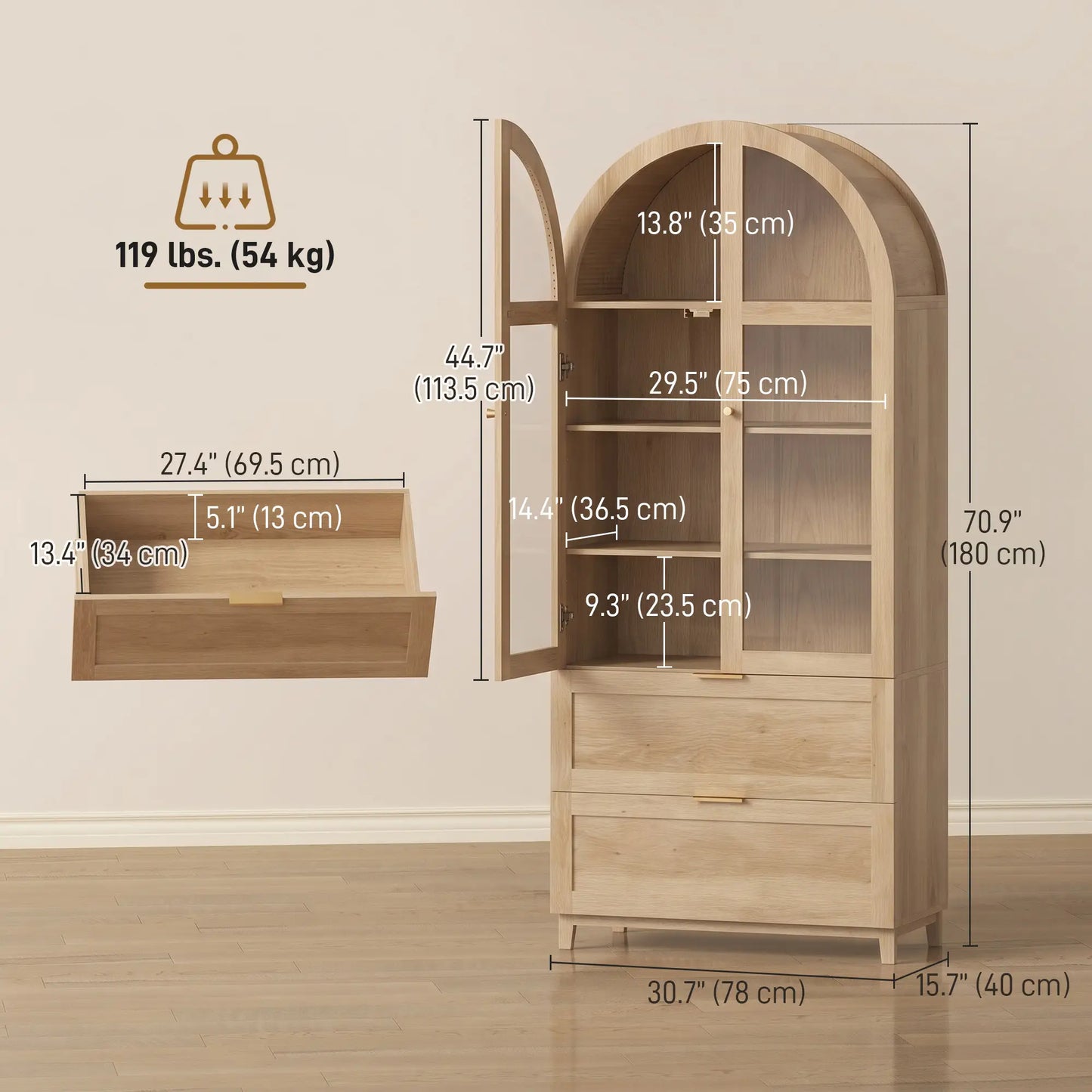 Arched Pantry Cabinet 71" Tall Oak, 2 Drawers, Oak Kitchen Pantry Cabinets at Gallery Canada