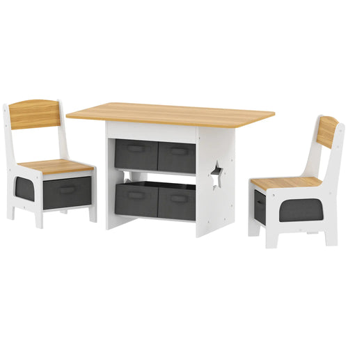 3 Piece Kids Table and Chair Set, 6 Removable Drawers, Natural