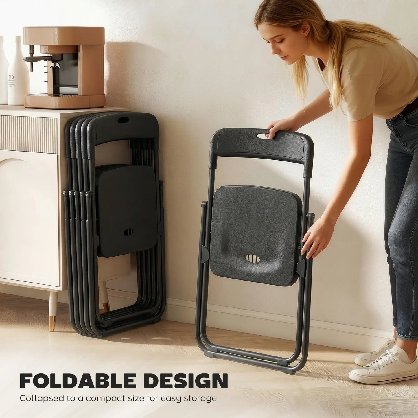 Folding Chairs 6 Pack, Black Plastic With Steel Frame, Black Dining Chairs at Gallery Canada