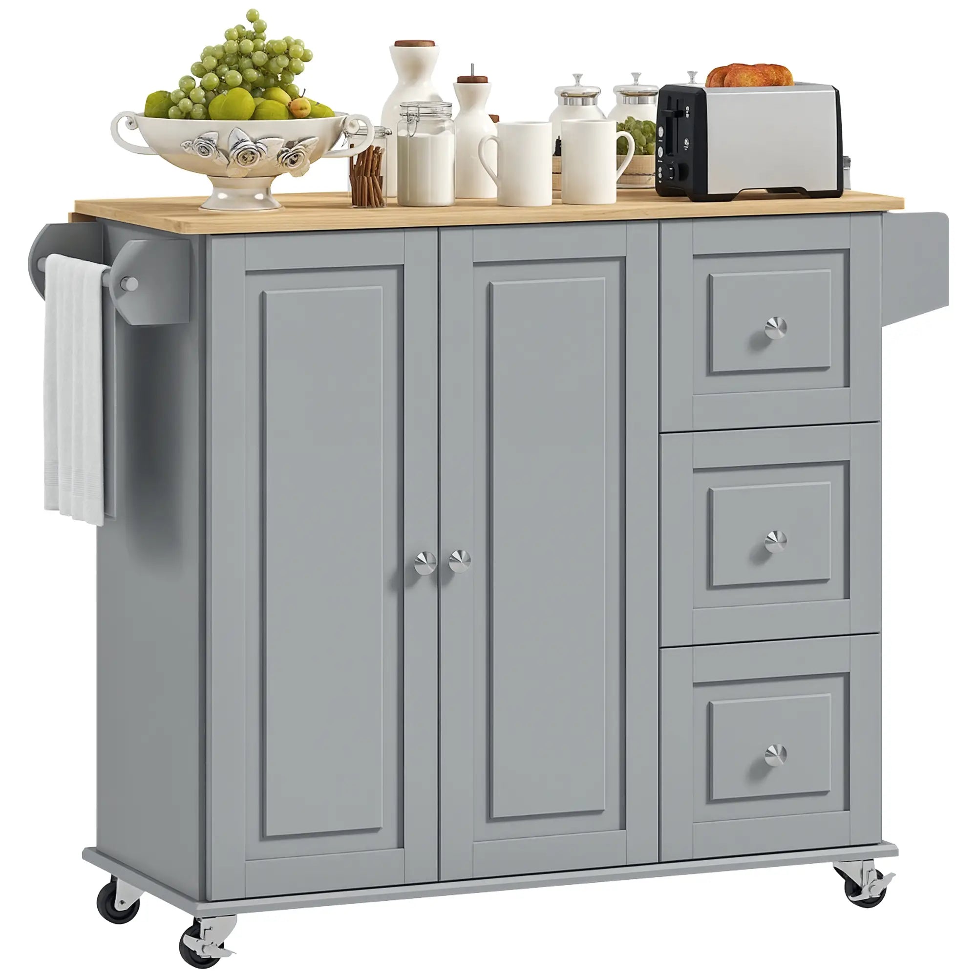 Kitchen Island on Wheels, Drop Leaf Cart with Drawers, Grey Kitchen Islands & Kitchen Carts at Gallery Canada