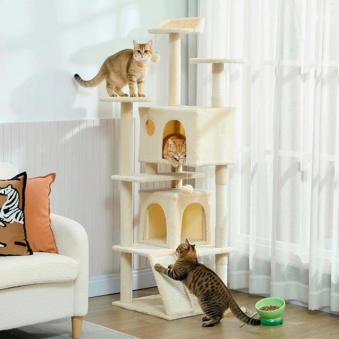 63" Cat Tree, Multi-Level Cat Tower With Scratching Posts, Bed, Cream White Multi-Level Cat Towers at Gallery Canada