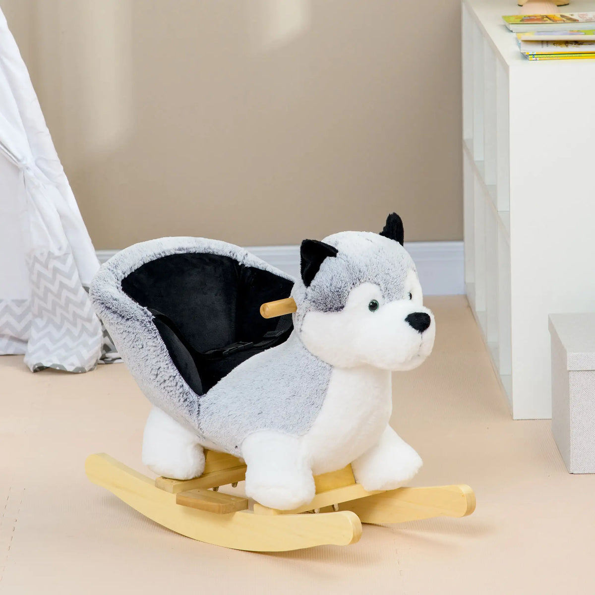 Kids Rocking Horse, Husky Plush Ride on Toy, Wooden Base, Seat Belt, 18-36 Months, Grey Rocking Horses at Gallery Canada