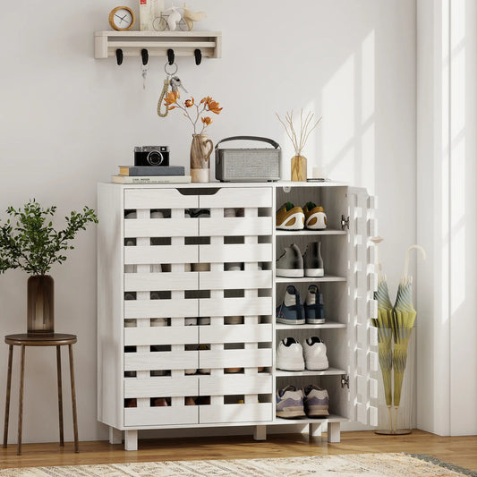 Shoe Cabinet, 21 Pair Storage with Hollowed-Out Doors, White Shoe Storage Cabinets & Racks White at Gallery Canada