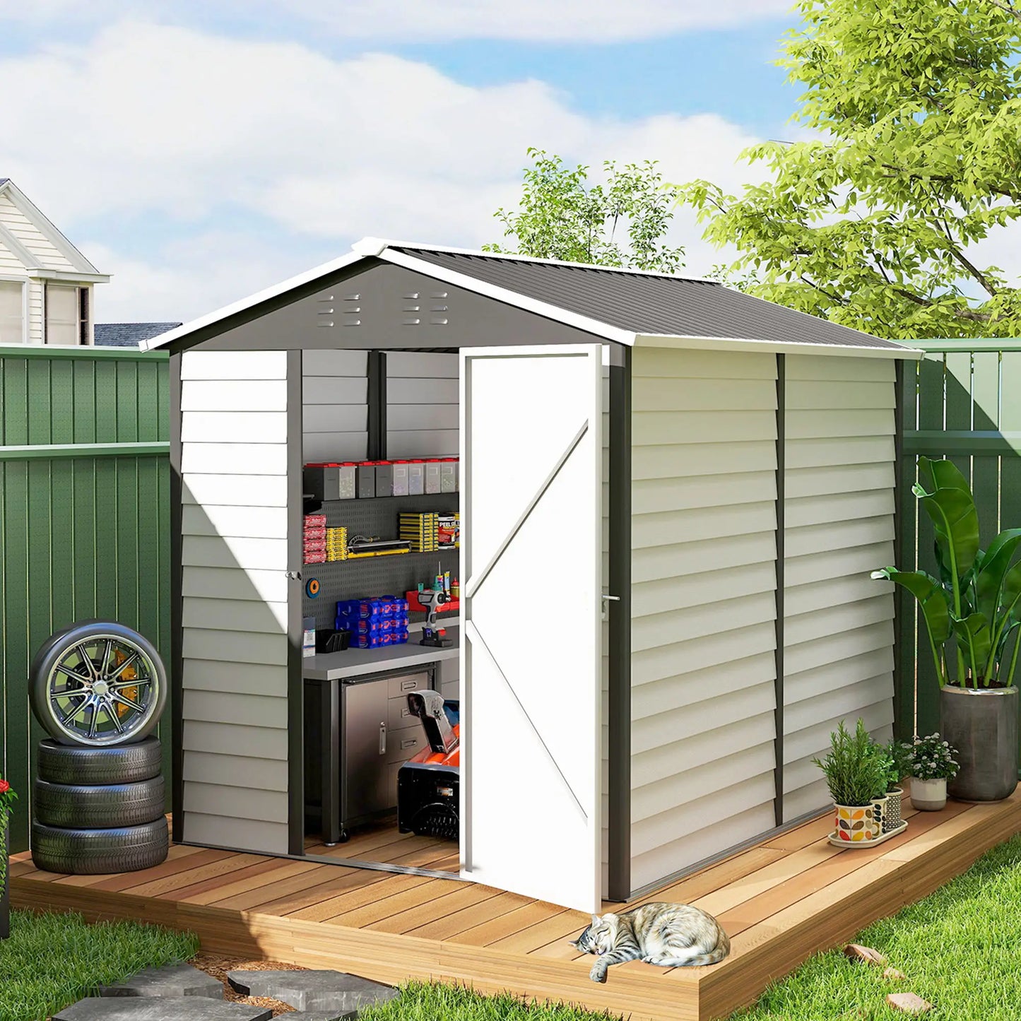 9' x 6' Garden Shed, Outdoor Storage, Sloped Roof, Lockable Door, Dark Grey Sheds at Gallery Canada