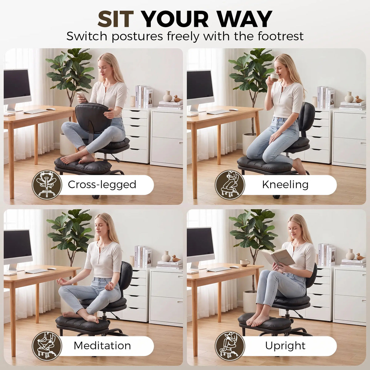 Ergonomic Cross Legged Office Chair, Swivel Meditation Desk Chair, Black Task Chairs at Gallery Canada