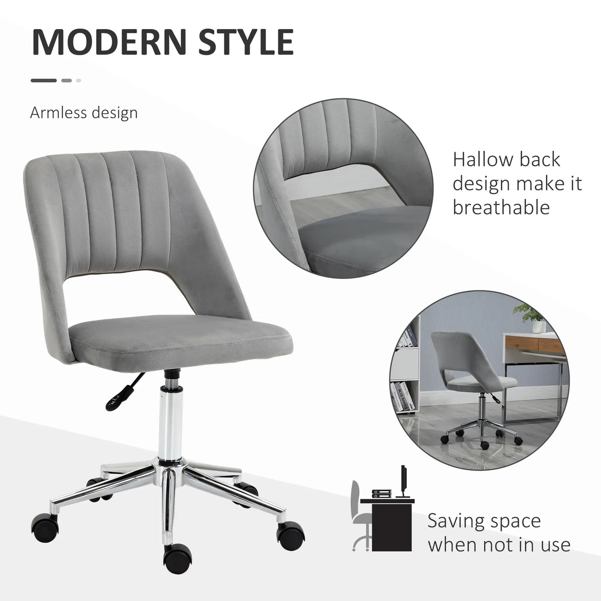 Velvet Swivel Office Chair, Scallop Back, Grey Task Chairs at Gallery Canada