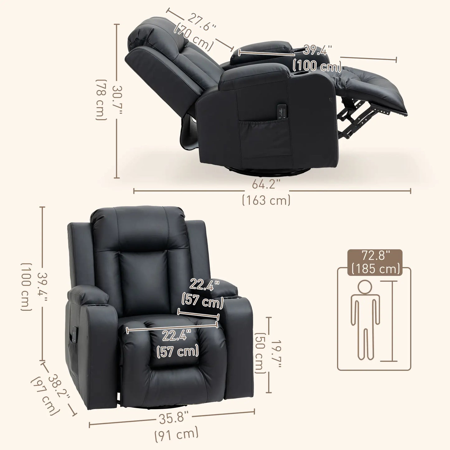 360° Swivel Massage Recliner Chair, 8 Vibration, PU Leather, Black Single Sofas at Gallery Canada