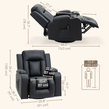 360° Swivel Massage Recliner Chair, 8 Vibration, PU Leather, Black Single Sofas at Gallery Canada