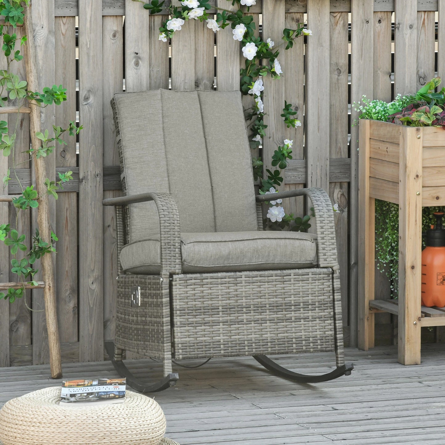 Outdoor Wicker Rocking Chair with Cushion, Adjustable Footrest, Grey Outdoor Rocking Chairs at Gallery Canada