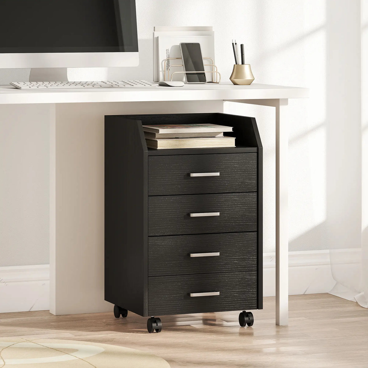 4-Drawer Vertical Mobile Filing Cabinet, Lockable Wheels, Black Wood Grain Office Cabinets & Cupboards at Gallery Canada