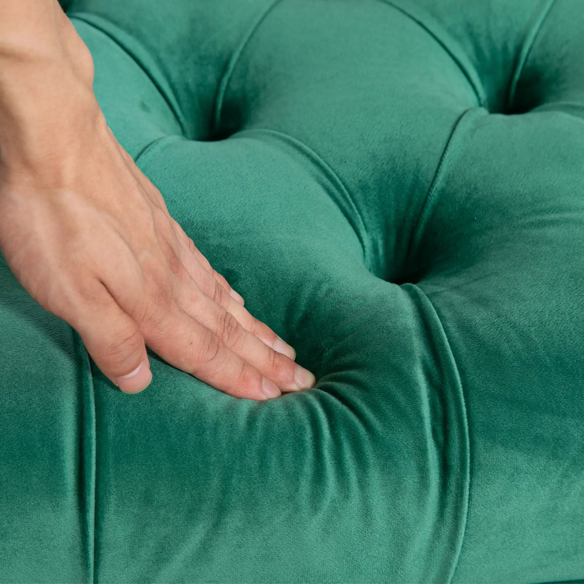 Upholstered End of Bed Bench, Button Tufted, Dark Green Storage Ottomans & Benches at Gallery Canada