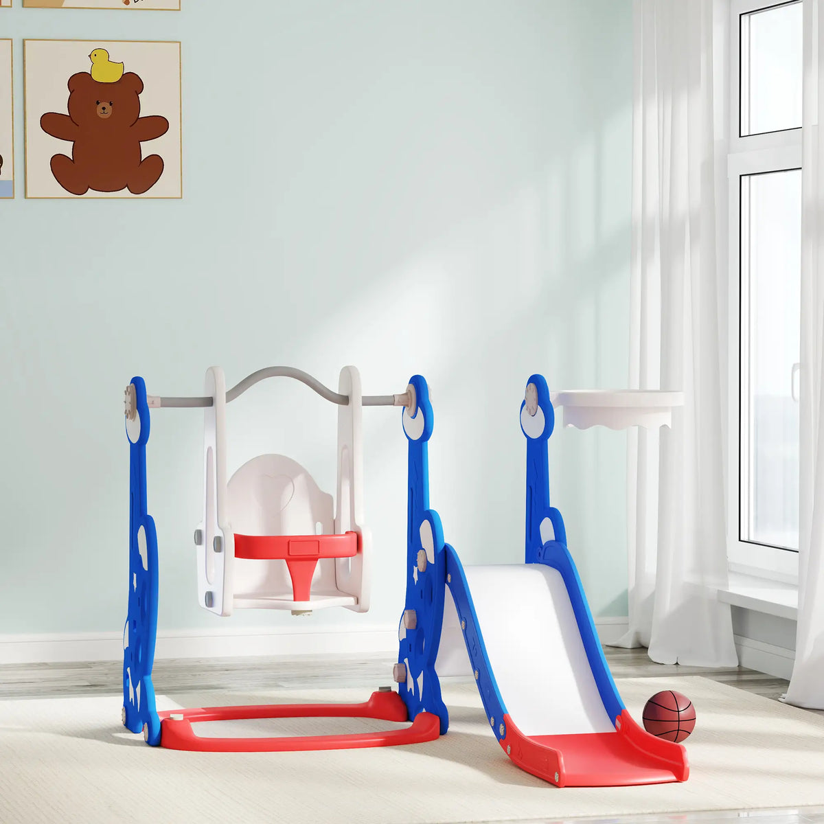 4-in-1 Slide, Swing Set, Basketball Hoop, Climber, Ages 1.5-4, Dark Blue Gym Sets & Swings at Gallery Canada