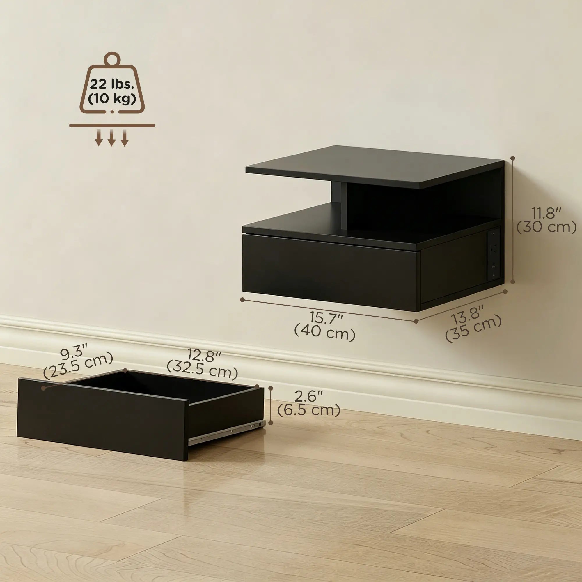 Floating Nightstand Set of 2, Wall Mounted Bedside Table with with Power Outlets, Drawer and Shelf, Black Bedside Tables at Gallery Canada