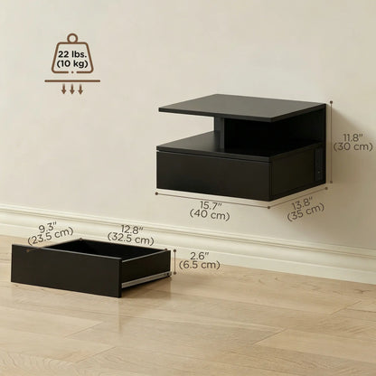 Floating Nightstand Set of 2, Wall Mounted Bedside Table with with Power Outlets, Drawer and Shelf, Black Bedside Tables at Gallery Canada