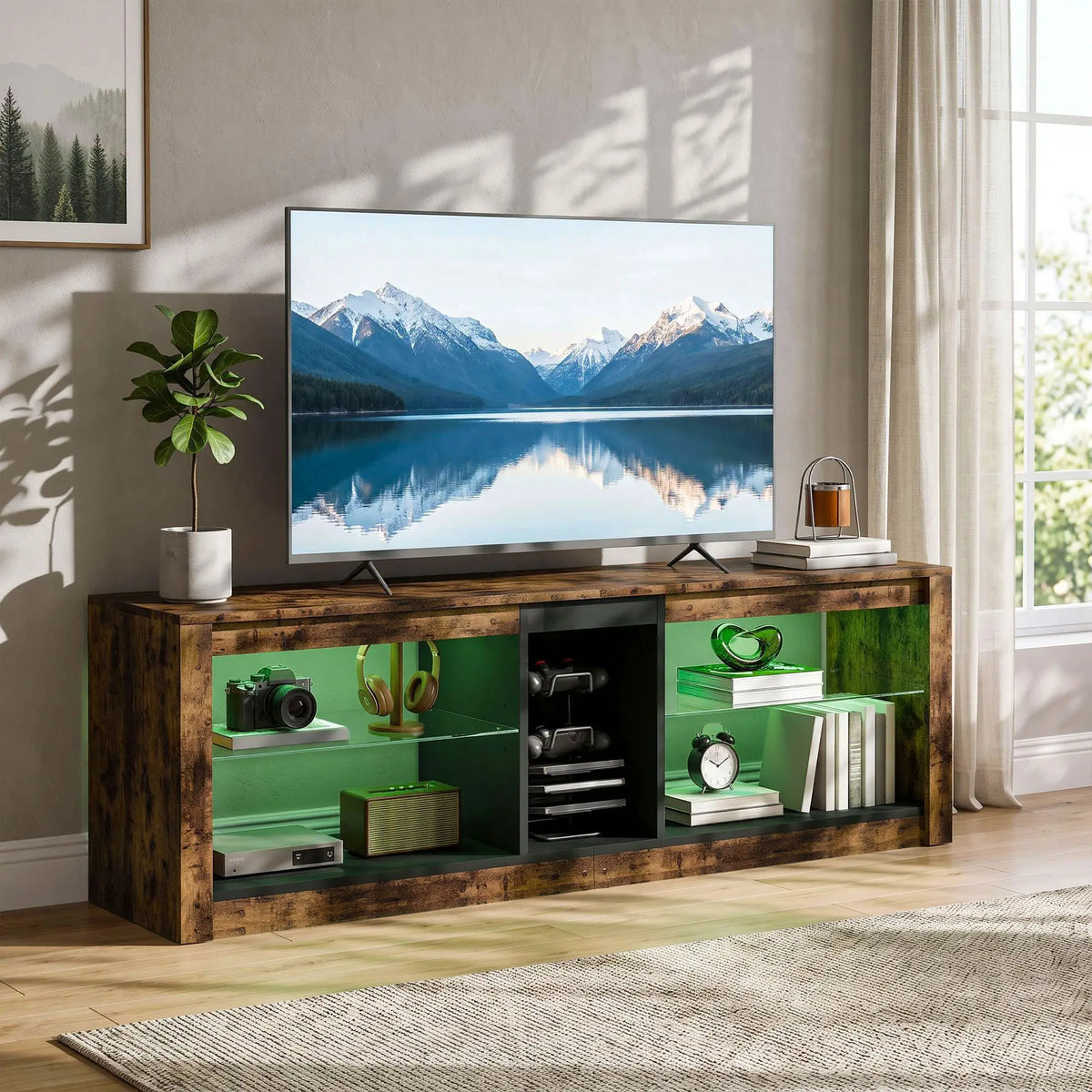 TV Stand Cabinet With LED Lights, Remote, Shelves, Rustic Brown TV Stands at Gallery Canada