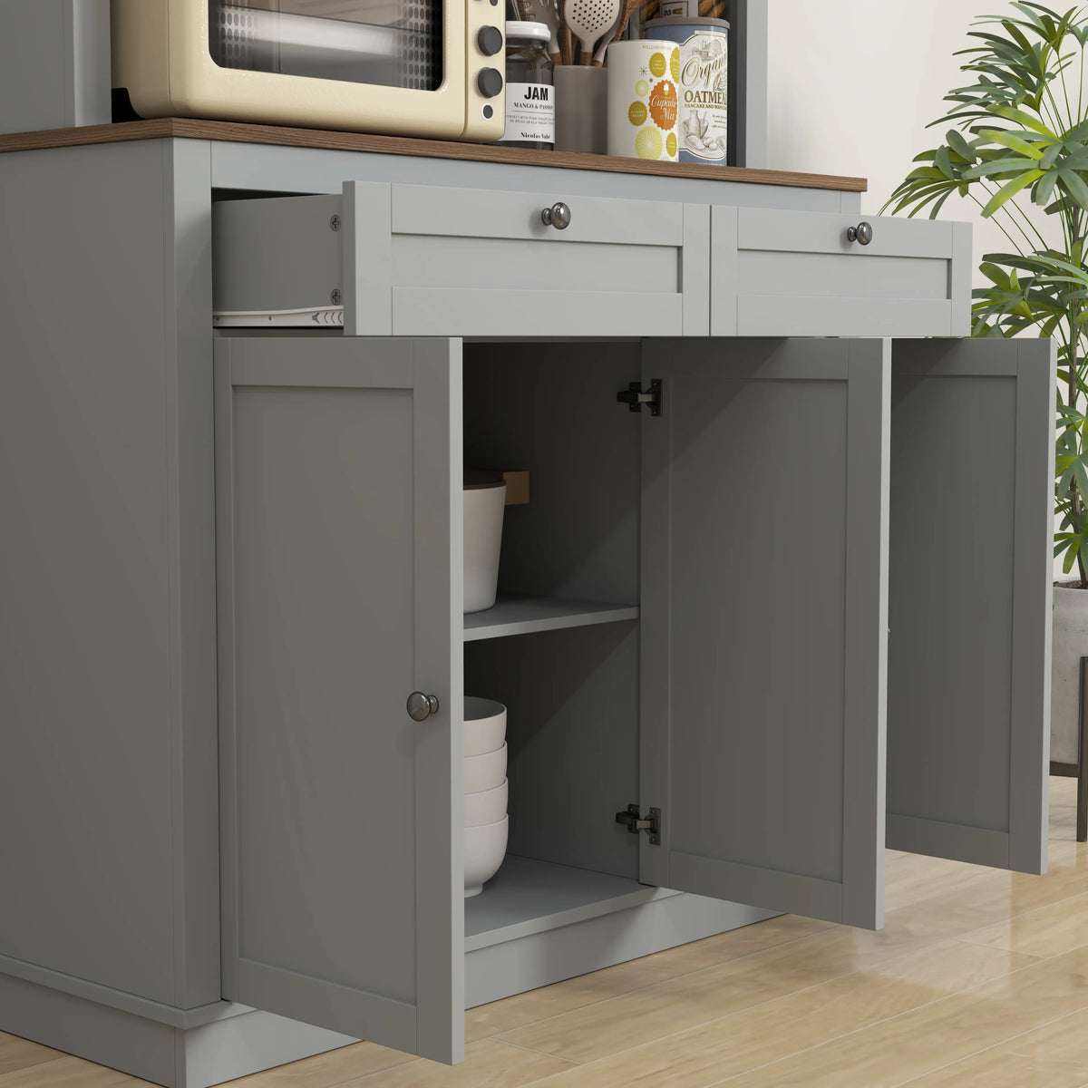 71" Pantry Cabinet with Microwave Space, 2 Drawers, Adjustable Shelves, Grey Kitchen Pantry Cabinets at Gallery Canada