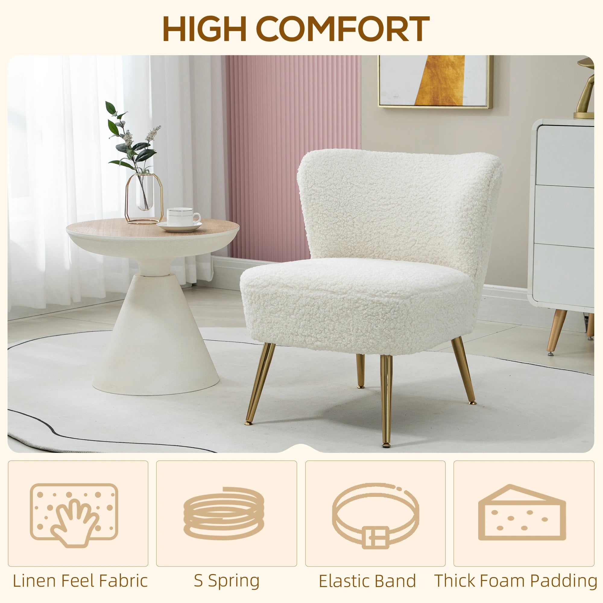 Lounge Chair, Soft Upholstery, Gold Legs, White Accent Chairs at Gallery Canada