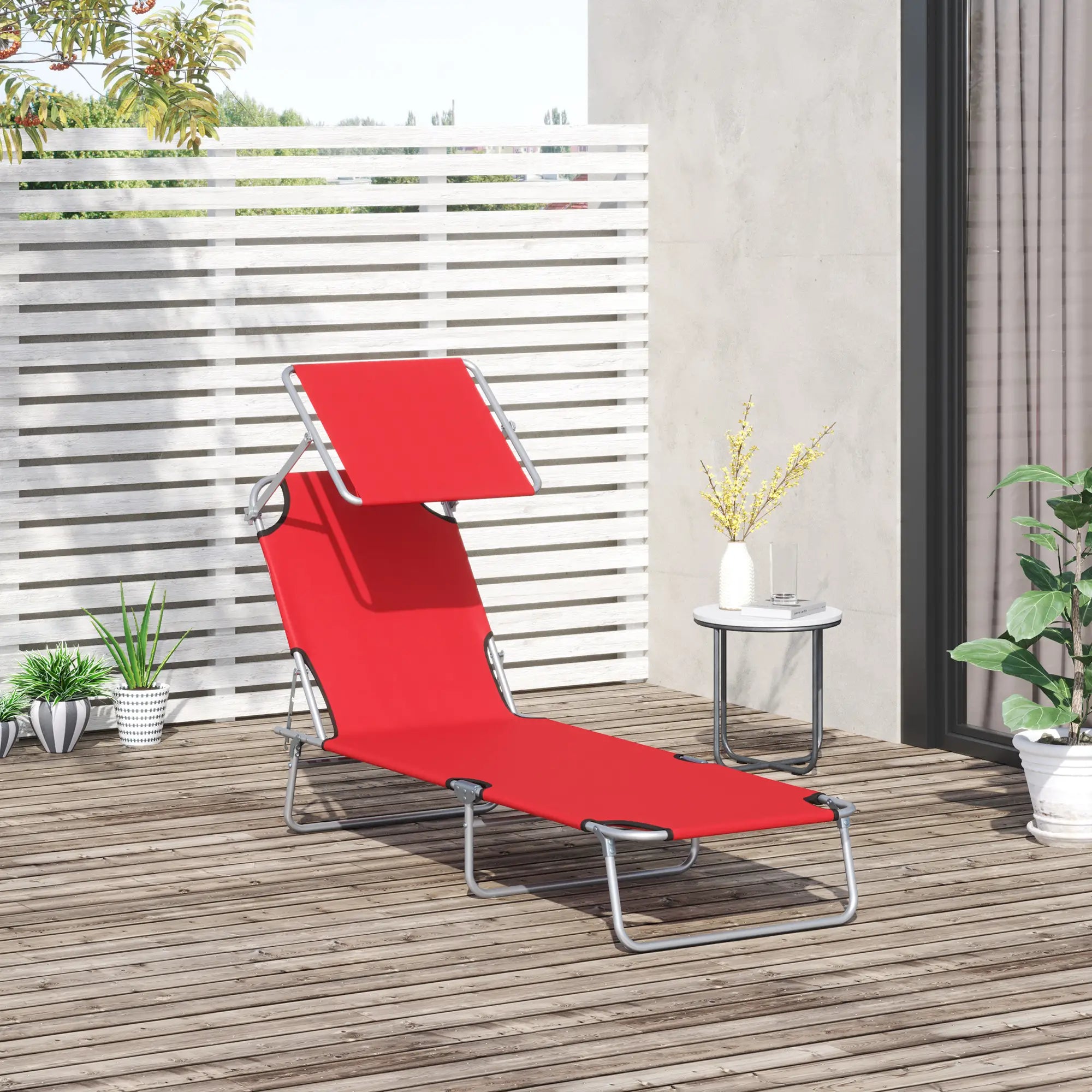 Adjustable Folding Chaise Lounge, Outdoor Tanning Chair with Sun Shade, Red Lounger Chairs at Gallery Canada