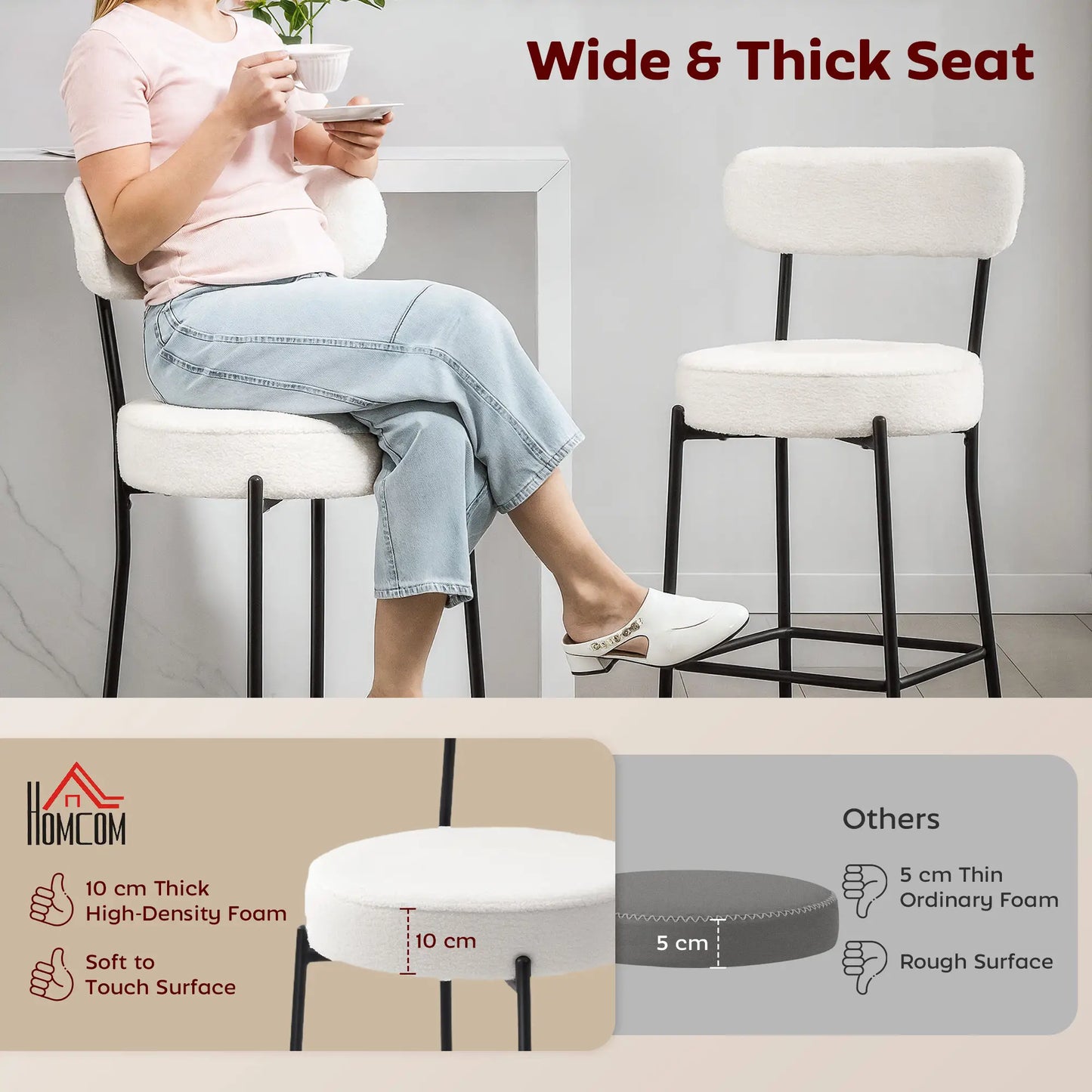 Set of 2 Barstools, Upholstered with Backrest, Footrest, Cream White Bar Stools at Gallery Canada