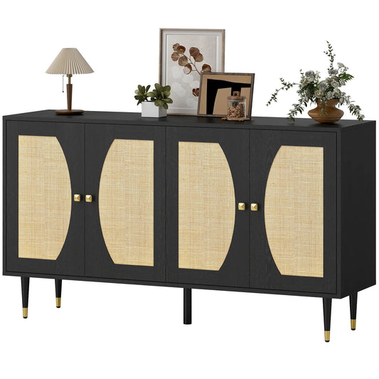 55" Sideboard Buffet Cabinet, Boho Storage With Adjustable Shelves, Black Storage Cabinets Black, Natural at Gallery Canada