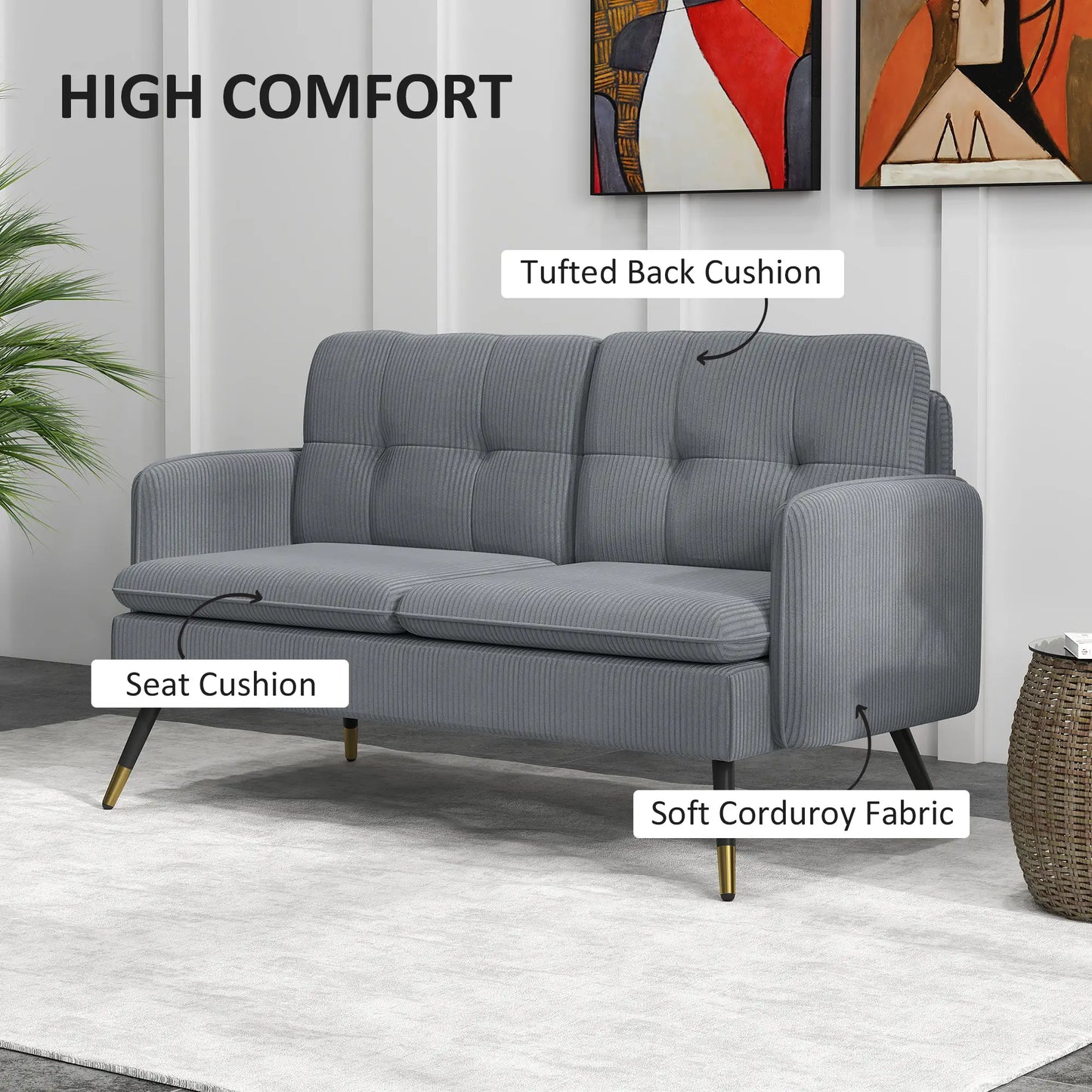 55" Loveseat Sofa, Corduroy, Steel Legs, Button Tufting, Dark Grey 2-Seater Sofas at Gallery Canada