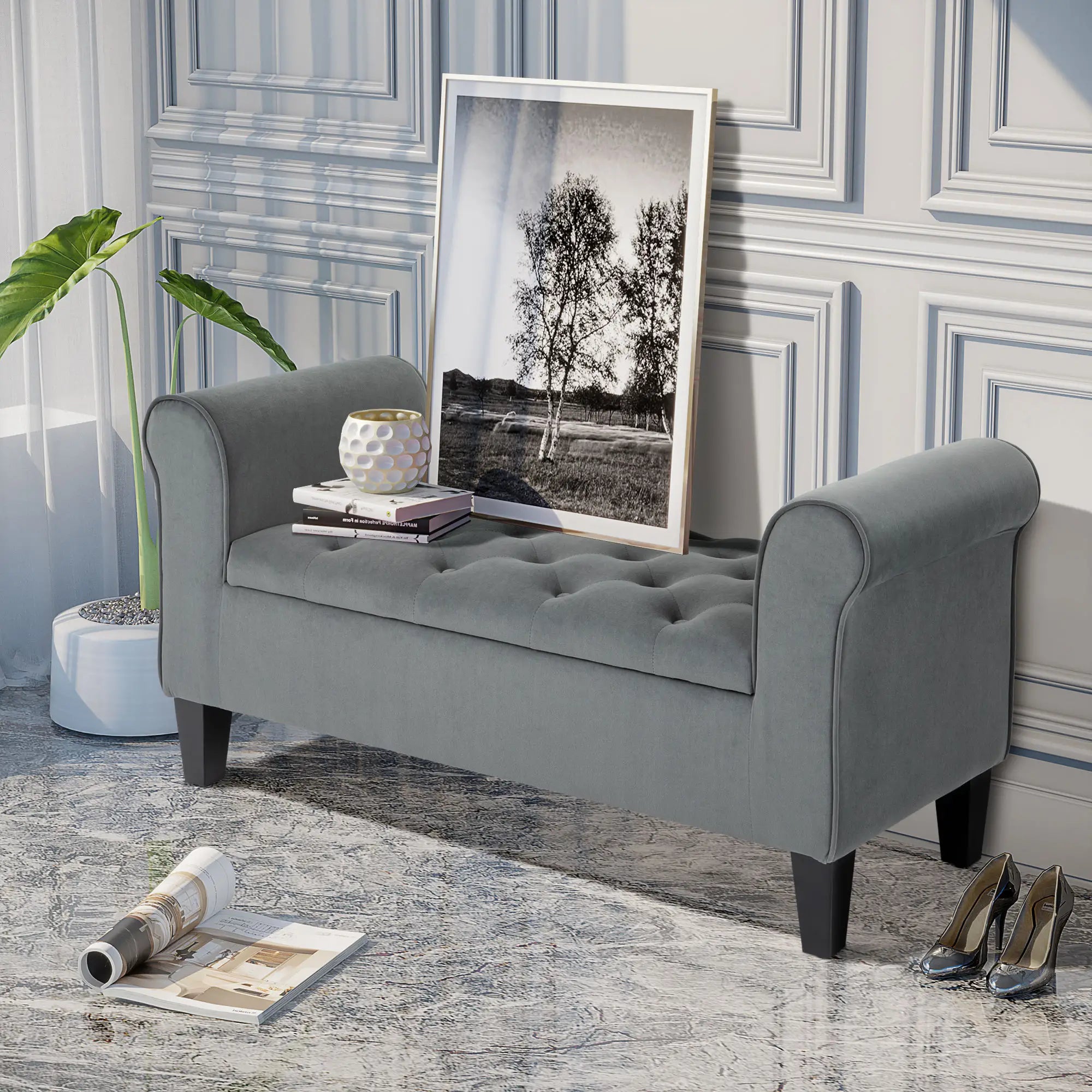 Button Tufted Storage Ottoman Bench, 70 Inches, Grey Storage Ottomans & Benches at Gallery Canada