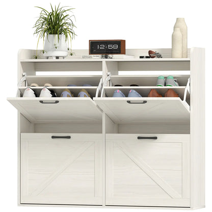 Narrow Shoe Storage Cabinet, 4 Flip Drawers, Adjustable Shelves, 16 Pair, White Oak Shoe Storage Cabinets & Racks White Oak at Gallery Canada