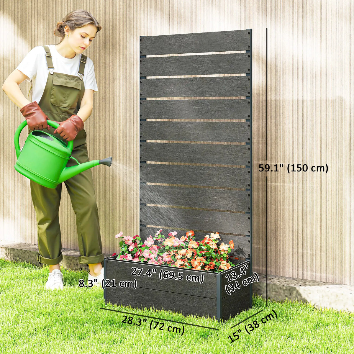Raised Garden Bed With Trellis, Elevated Planter Box, 28" x 15" x 59", Dark Grey Wooden Planter Boxes at Gallery Canada
