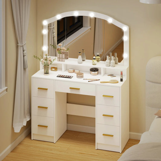 Makeup Vanity with Mirror, 10 LED Lights, 3 Color Adjustable, 7 Drawers, White Dressing & Vanity Tables White at Gallery Canada