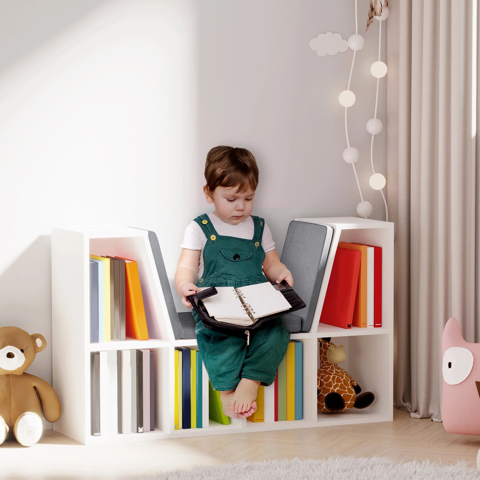 6-Cubby Bookcase with Seat Cushion, Cube Storage Shelf, Grey Small Bookshelves at Gallery Canada