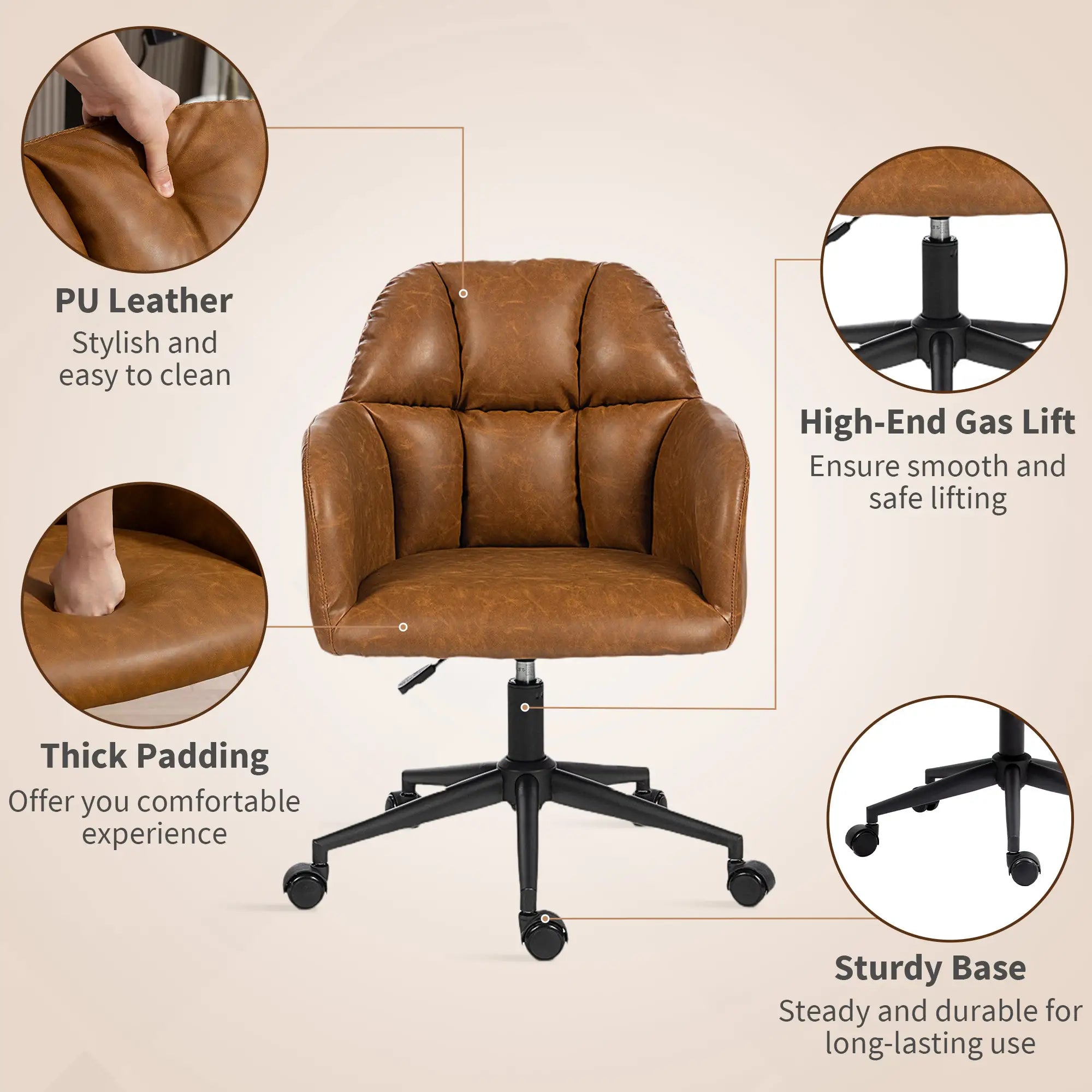 Swivel Office Chair, Faux Leather Desk Chair, Adjustable Height, Brown Task Chairs at Gallery Canada