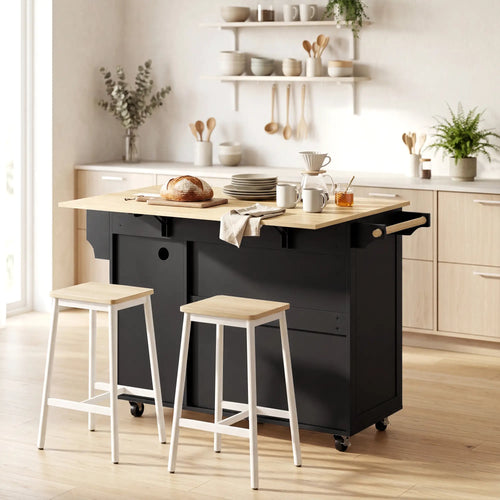 Kitchen Island with Drop Leaf, Rolling Cart, Power Outlet, Black