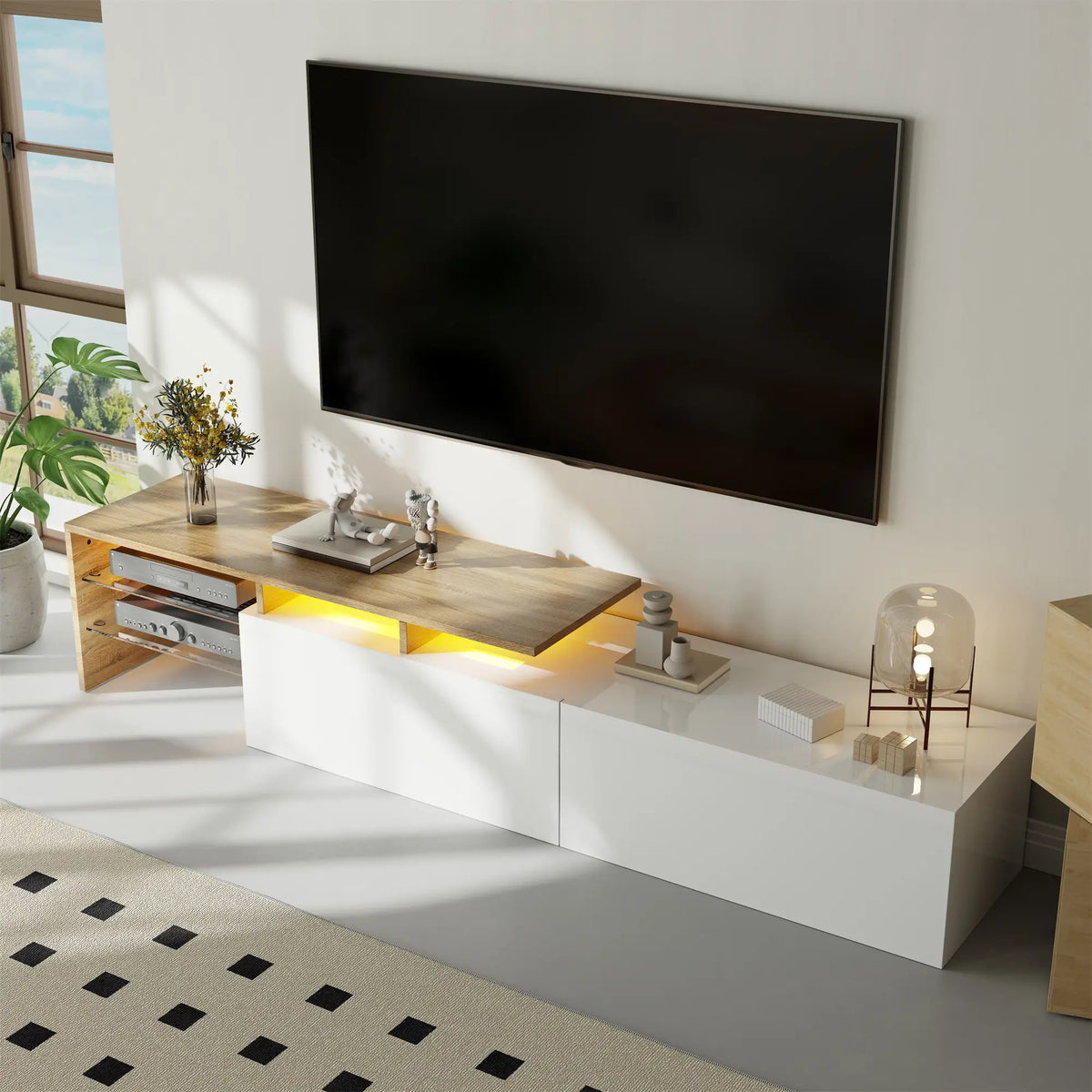 TV Stand With Glass Shelves, LED Lighting, 67" L x 13" W x 13" H, Natural, White TV Stands at Gallery Canada
