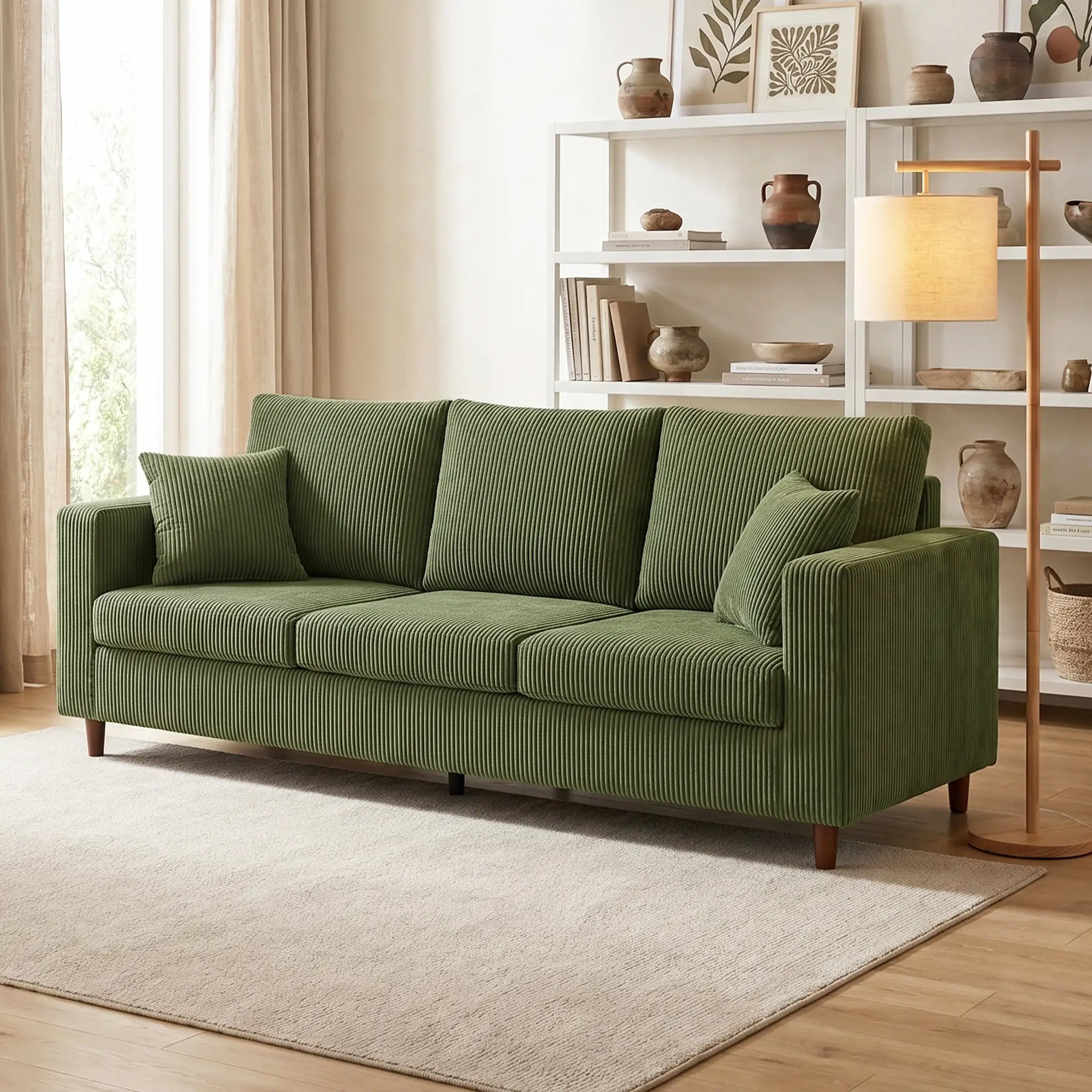 3 Seater Corduroy Sofa, Deep Seat Spring Cushion, Green 3-Seater Sofas at Gallery Canada