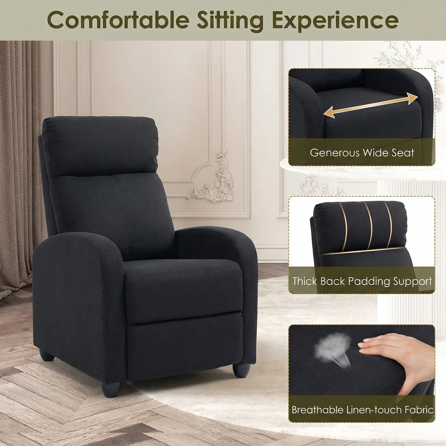 Fabric Recliner Chair, Manual Reclining Sofa, Padded Seat, Black Single Sofas at Gallery Canada