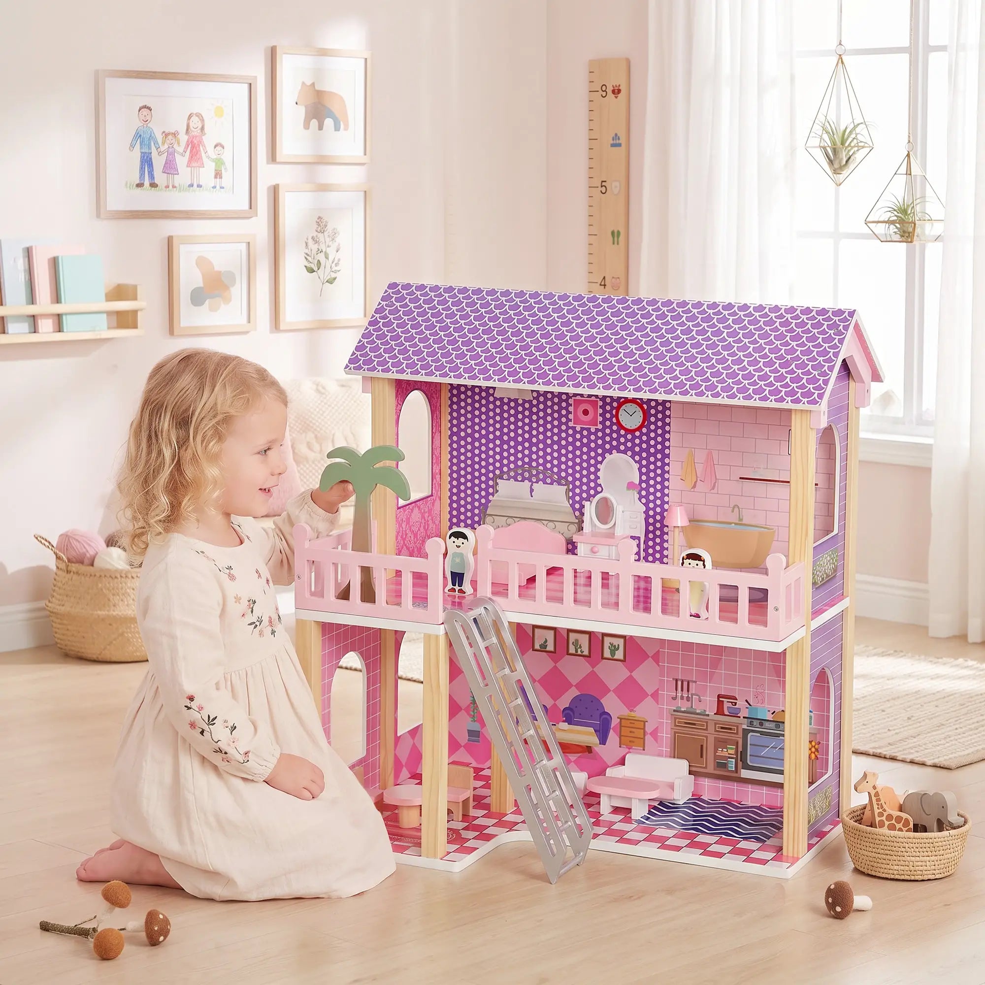 Qaba Wooden Doll House for Girls with 5 Rooms, Dolls, Furniture, DIY Pretend Dollhouse Playset, Gift for Kids Ages 3-6, Pink Play Houses at Gallery Canada