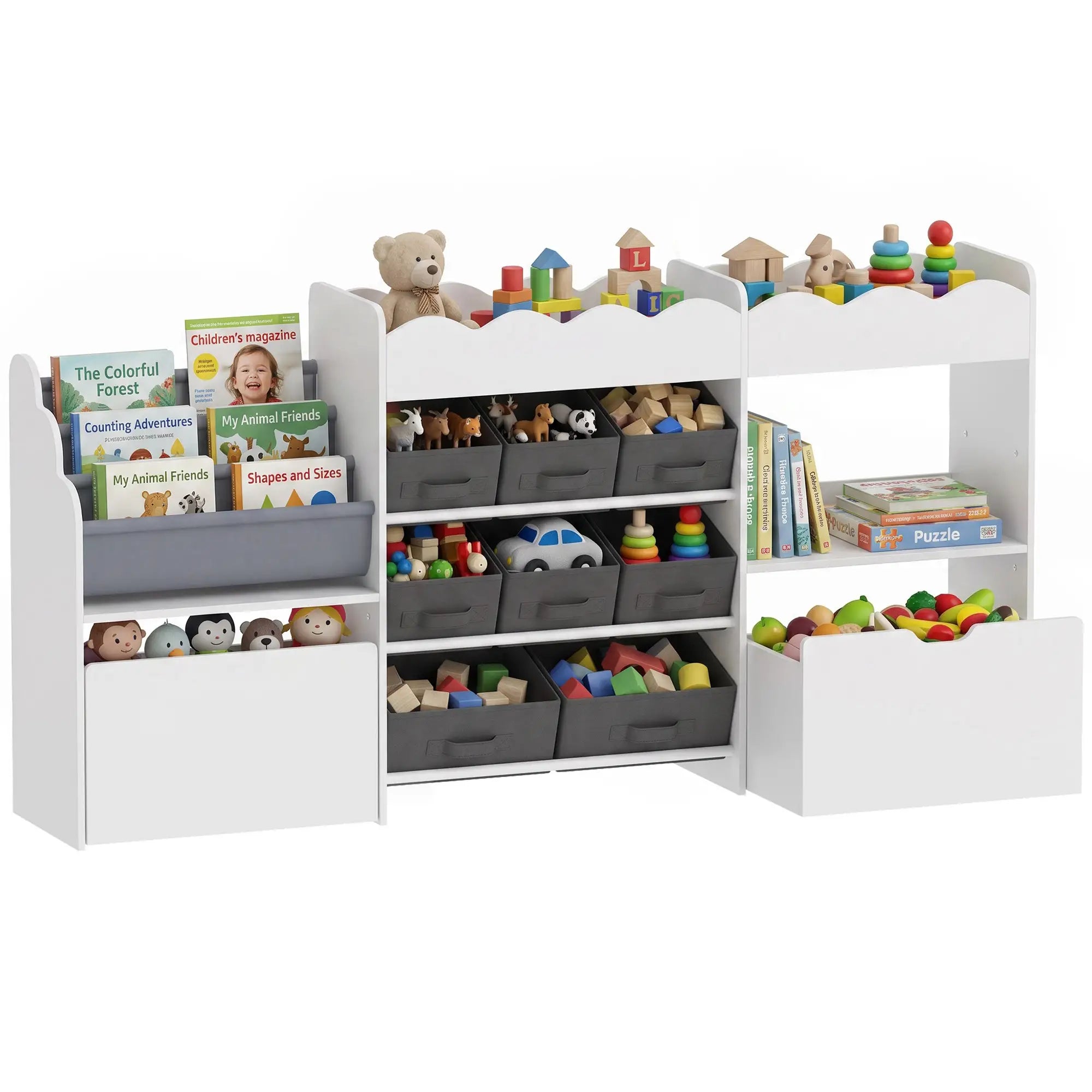 Kids Toy Storage Organizer, Bookshelf with 8 Fabric Bins, 2 Rolling Drawers, White Bookshelves & Bookcases at Gallery Canada