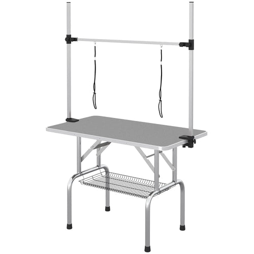 Adjustable Dog Grooming Table, 2 Safety Slings, Storage Basket, Grey